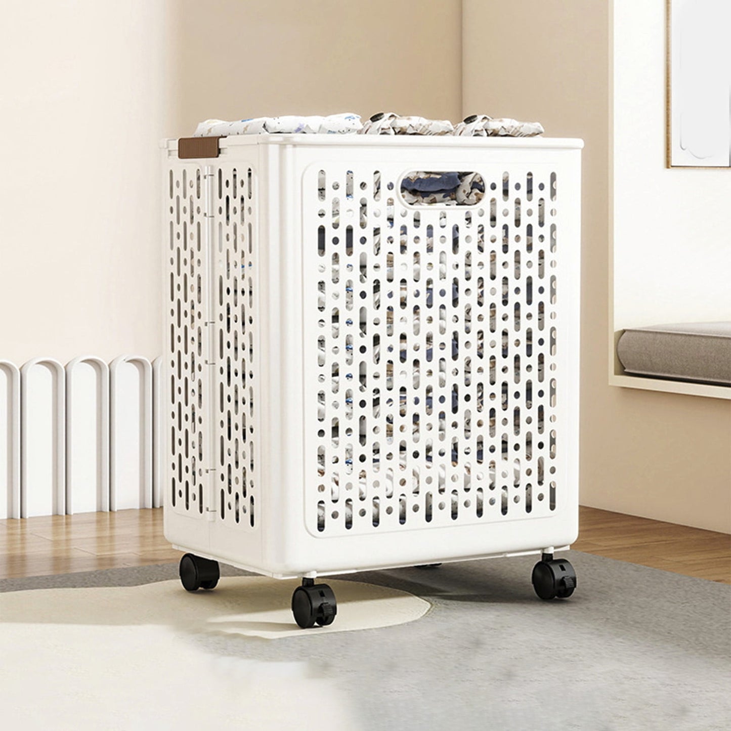 Chmadoxn Collapsible Laundry Hamper with Wheels - Foldable Storage Basket for Clothes, Toys & Organizing | Rolling Linen Cart w/ Handle, Portable Closet Utility Bin 18 Inch Tall White