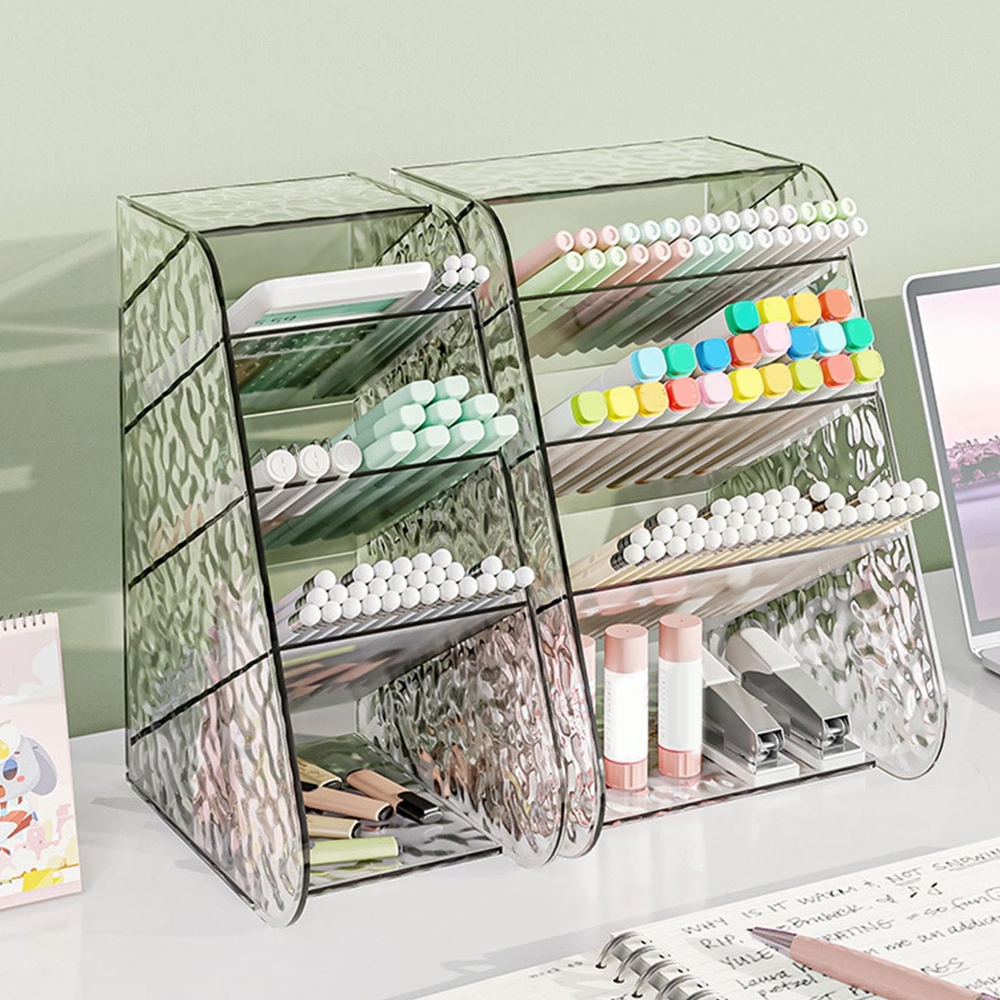 Kdkad Slanted Desktop Organizer - Clear Acrylic Pen Holder w/ Angled Slots, Cosmetic Brush Storage & Office Supply Tray for Desk (Multi-Use Stationery Box)\u200b\u200b M White