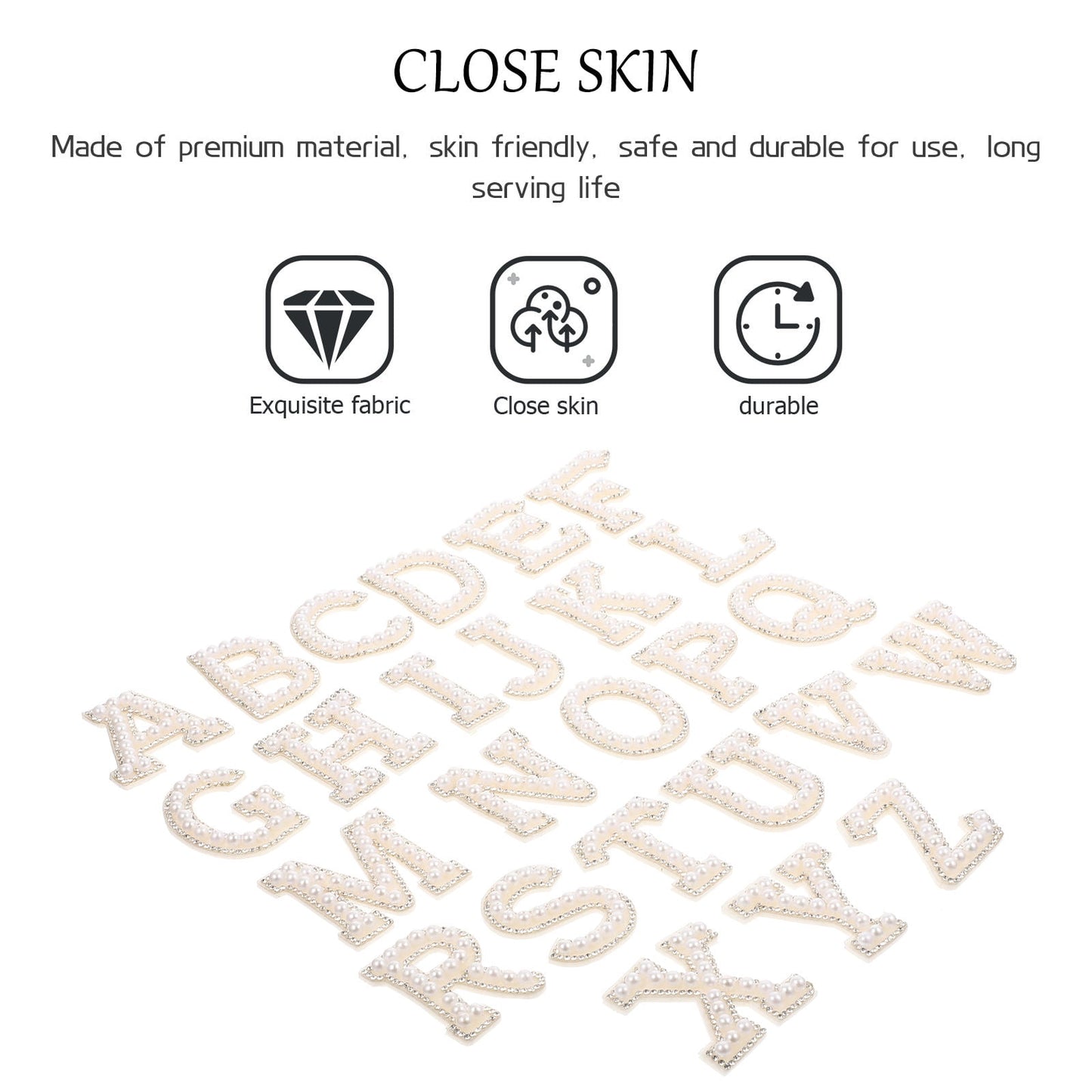 HOOWIFFY White Letter Iron-On Patches with Embellishments for Clothing Decoration, 26 Pieces Polyester Set