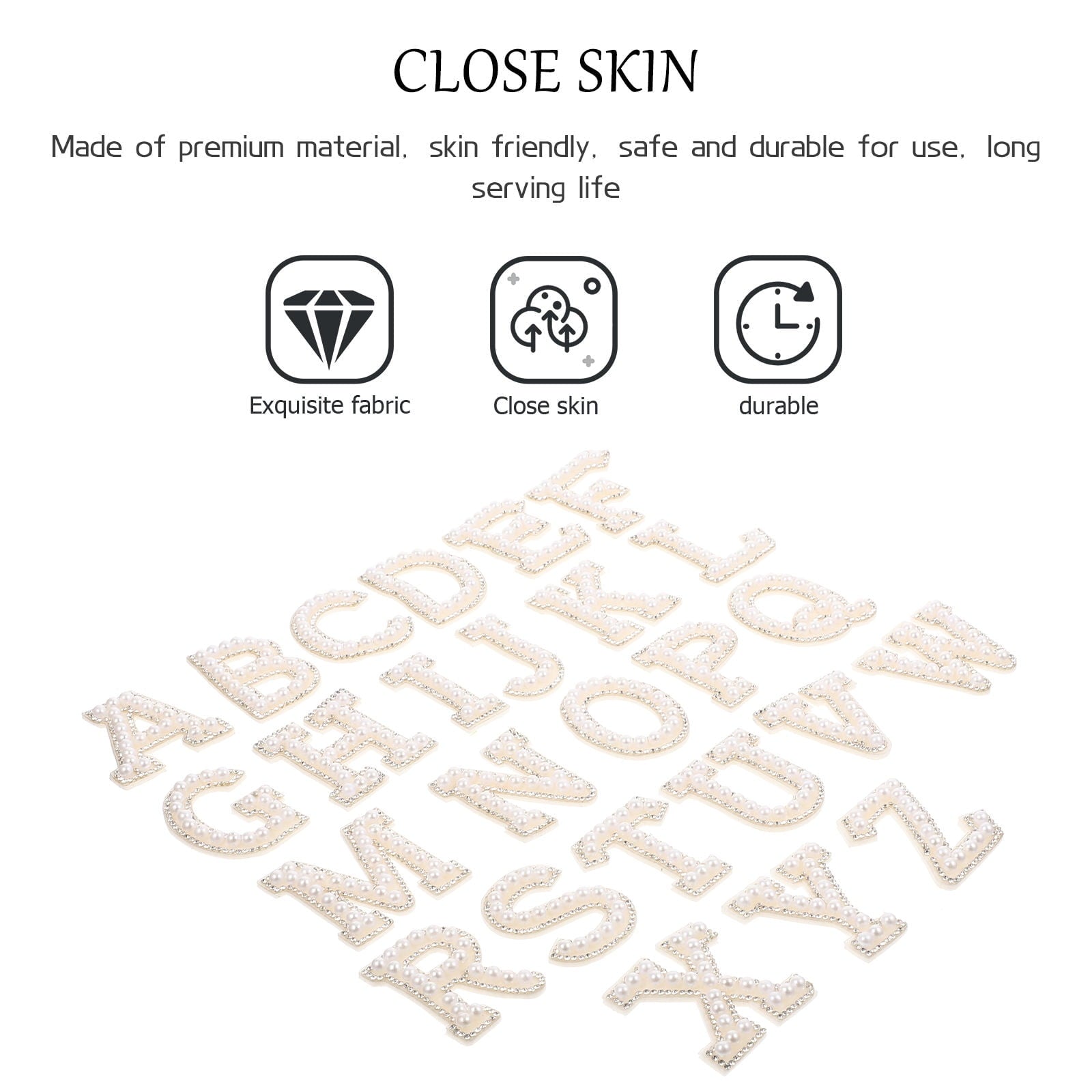 HOOWIFFY White Letter Iron-On Patches with Embellishments for Clothing Decoration, 26 Pieces Polyester Set