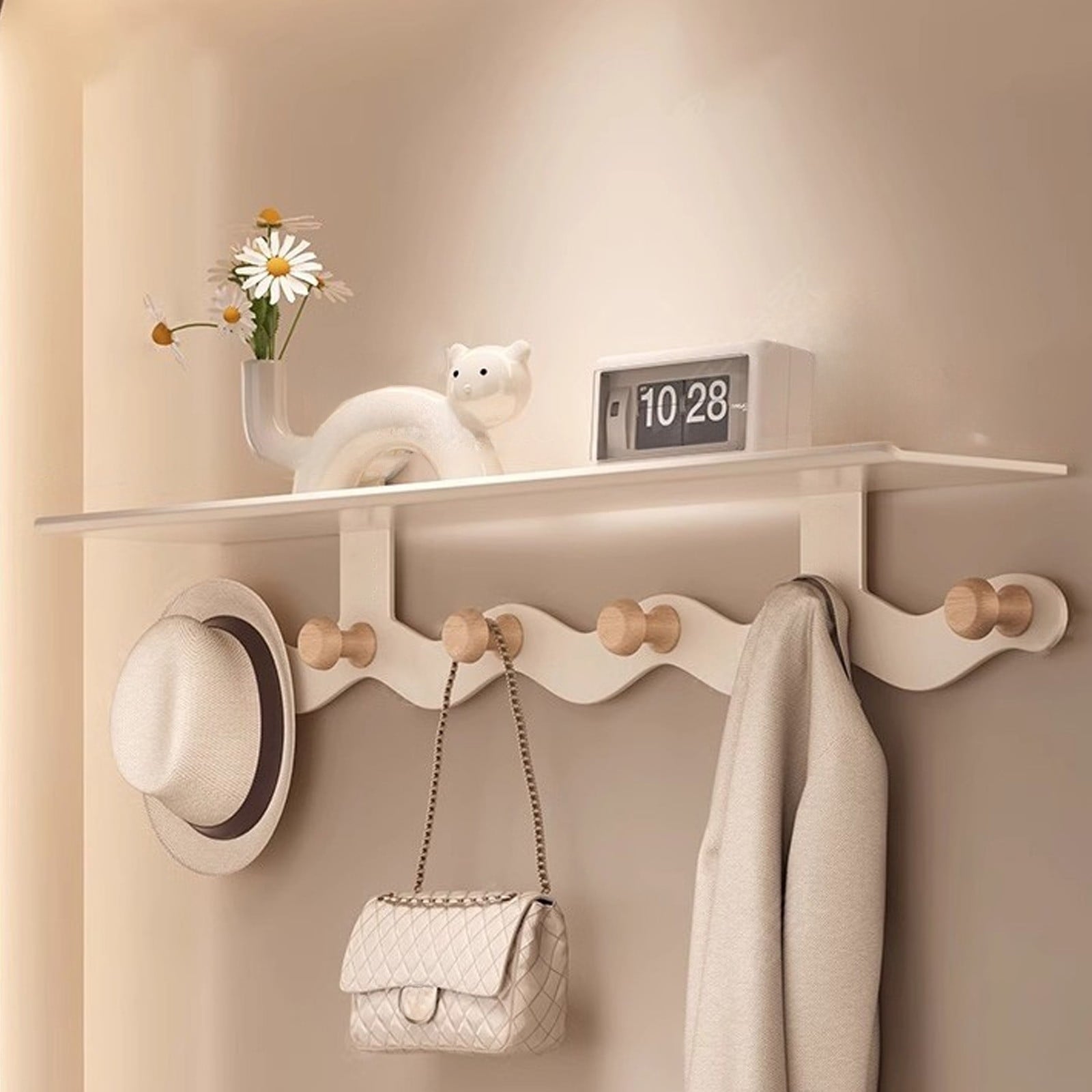 Darzheoy Wall Mounted Coat Rack with Shelf, 14 inches White Wood Floating Shelf for Entryway, Bathroom, Bedroom L