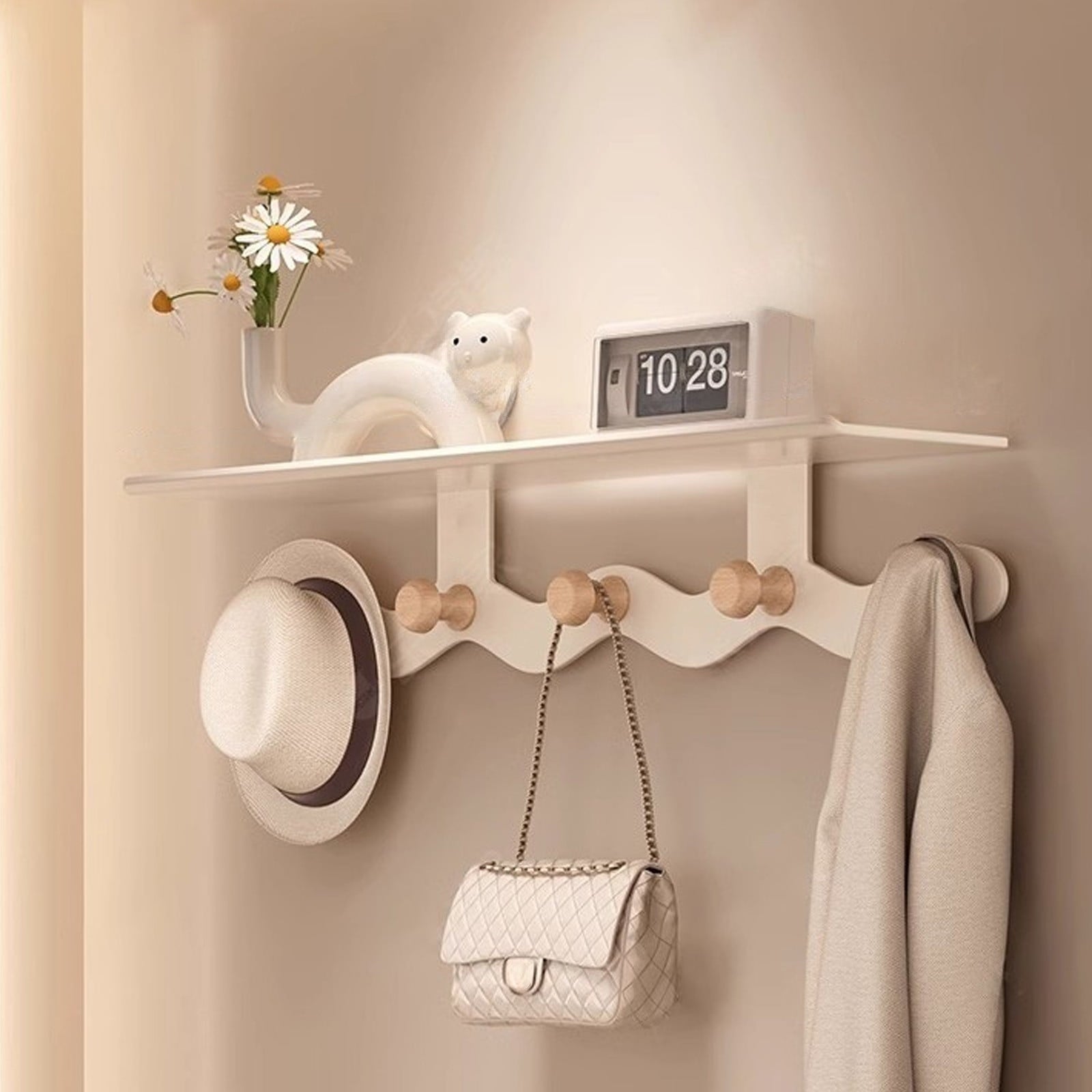 Darzheoy Wall Mounted Coat Rack with Shelf, 14 inches White Wood Floating Shelf for Entryway, Bathroom, Bedroom S