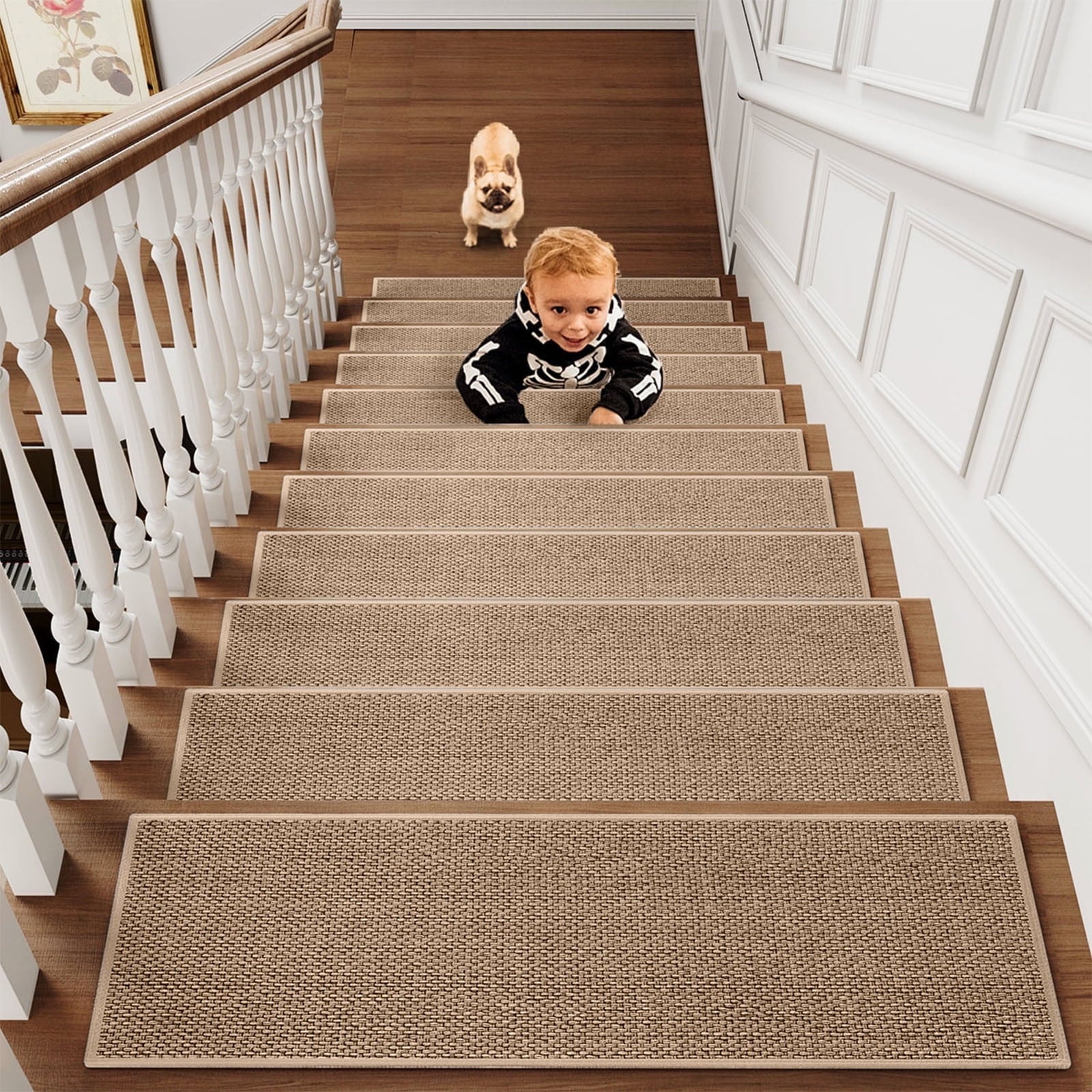 Chmadoxn 4-Piece Non-Slip Stair Treads, Self-Adhesive Striped Carpet Mats, Absorbent & Quiet Step Pads, Can Be Cut to Fit, Washable for Indoor Staircase Safety\u200b\u200b Brown