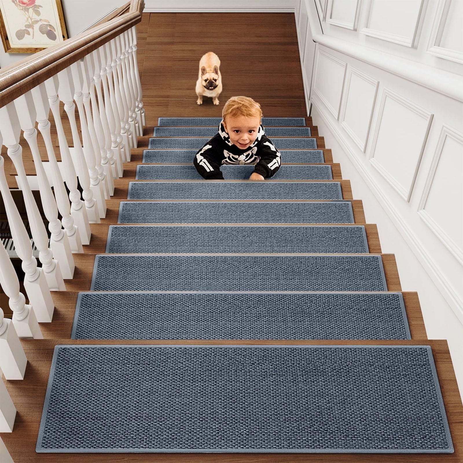 Chmadoxn 4-Piece Non-Slip Stair Treads, Self-Adhesive Striped Carpet Mats, Absorbent & Quiet Step Pads, Can Be Cut to Fit, Washable for Indoor Staircase Safety\u200b\u200b Gray 1