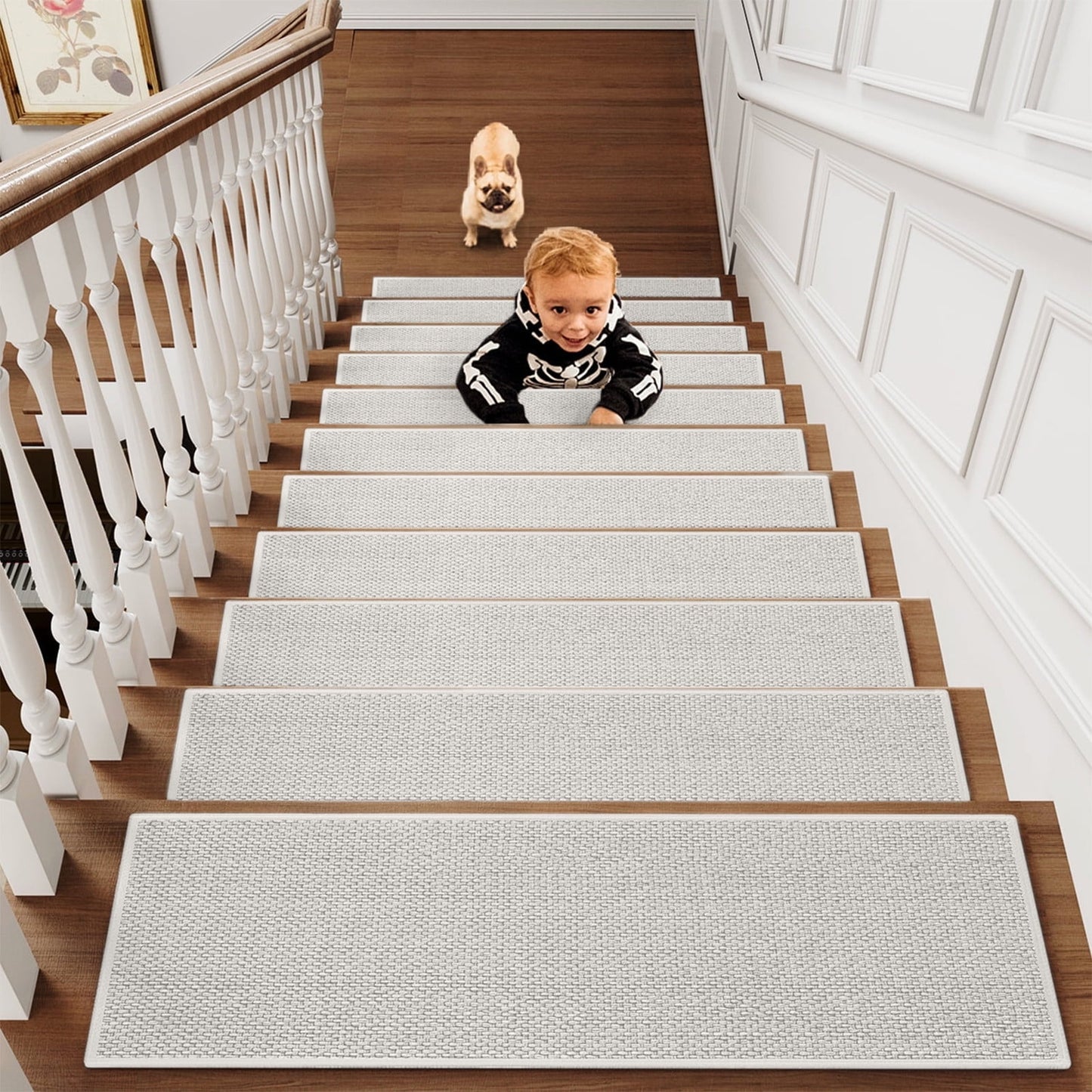 Chmadoxn 4-Piece Non-Slip Stair Treads, Self-Adhesive Striped Carpet Mats, Absorbent & Quiet Step Pads, Can Be Cut to Fit, Washable for Indoor Staircase Safety\u200b\u200b White