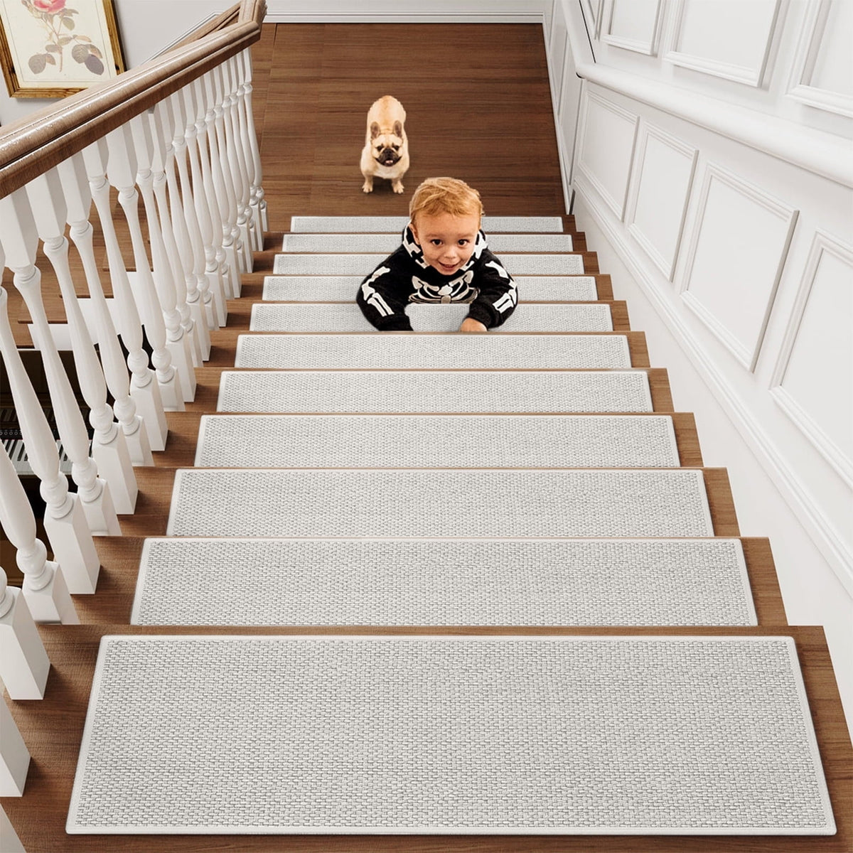 Chmadoxn 4-Piece Non-Slip Stair Treads, Self-Adhesive Striped Carpet Mats, Absorbent & Quiet Step Pads, Can Be Cut to Fit, Washable for Indoor Staircase Safety\u200b\u200b White