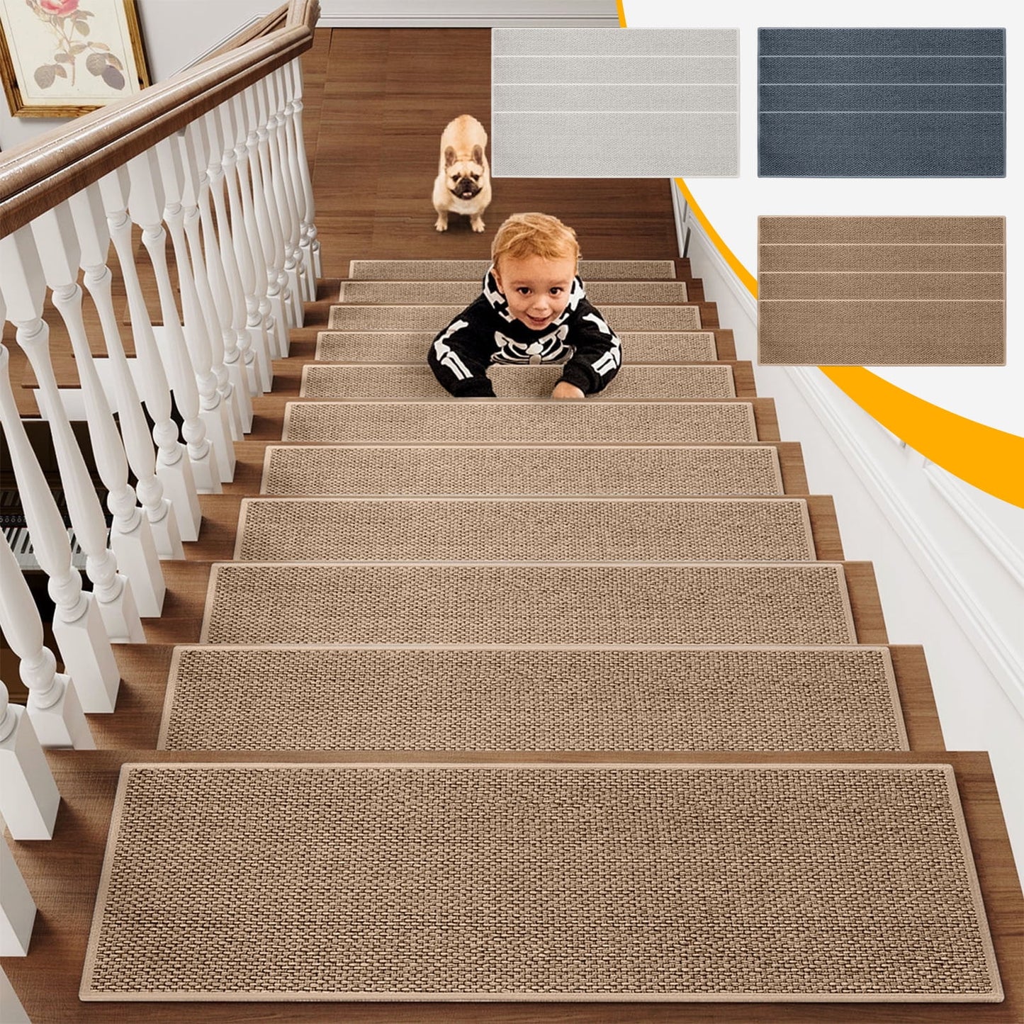 Chmadoxn 4-Piece Non-Slip Stair Treads, Self-Adhesive Striped Carpet Mats, Absorbent & Quiet Step Pads, Can Be Cut to Fit, Washable for Indoor Staircase Safety\u200b\u200b White 1