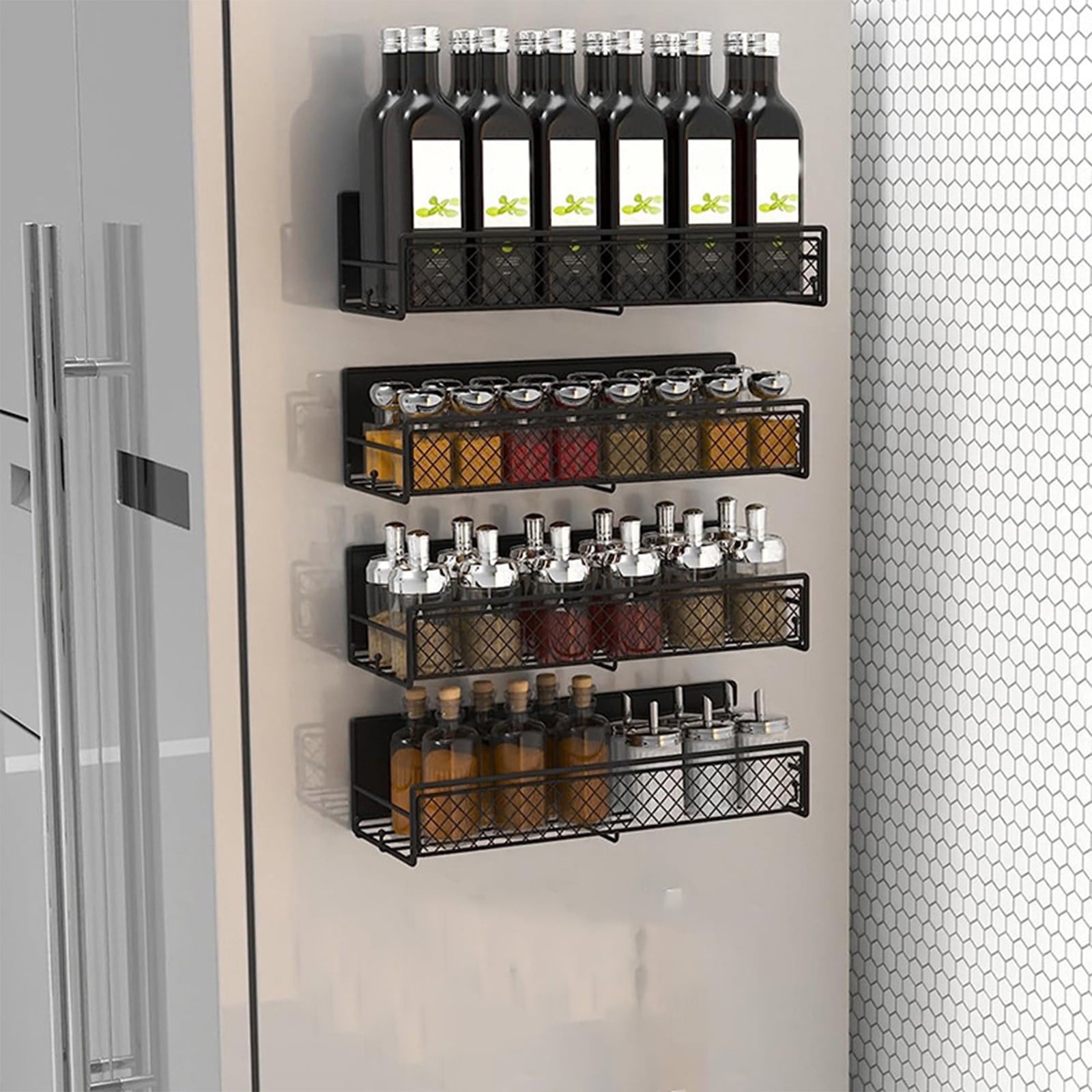 Darzheoy Magnetic Spice Rack Organizer Mesh Design for Refrigerator Oven, Black Storage Rack for Kitchen Spices Condiments, Easy Install Fridge Organizer Black