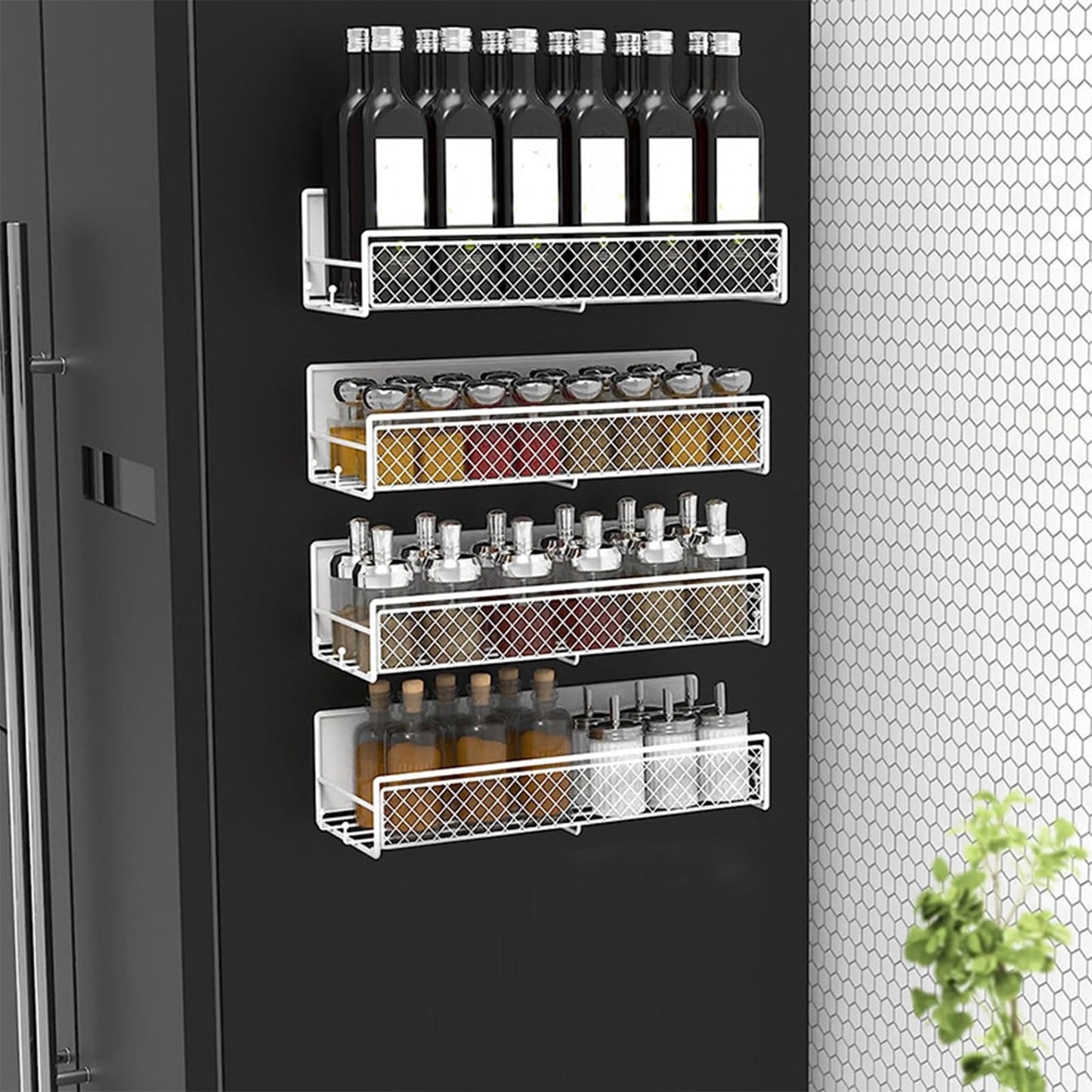 Darzheoy Magnetic Spice Rack Organizer Mesh Design for Refrigerator Oven, Black Storage Rack for Kitchen Spices Condiments, Easy Install Fridge Organizer White