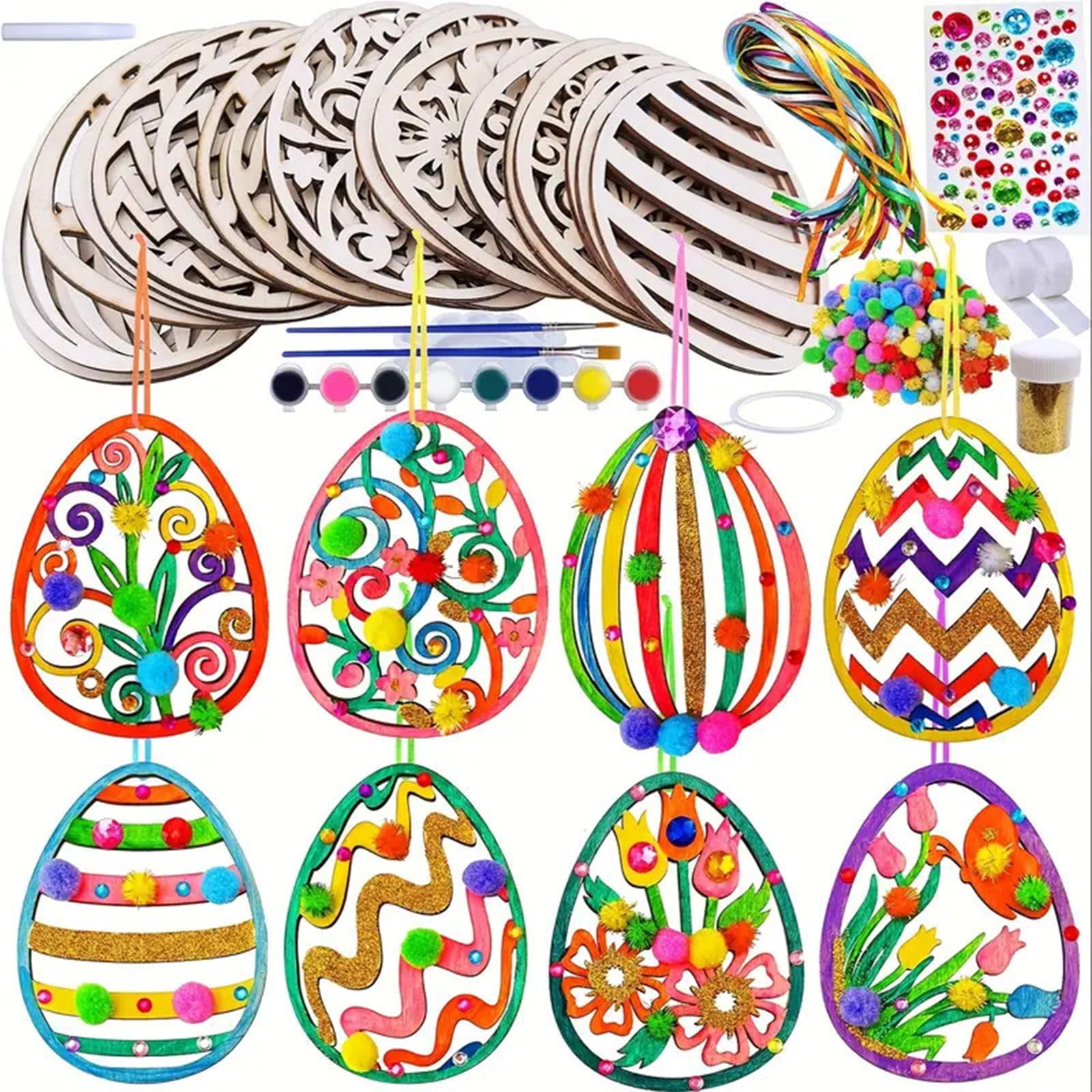 Darzheoy 20 Sets Wooden Easter Ornaments Decorations DIY Easter Craft Kits Assorted Paintable Unfinished Wood Easter Egg Ornaments for Kids Classroom Home Activity Art Color