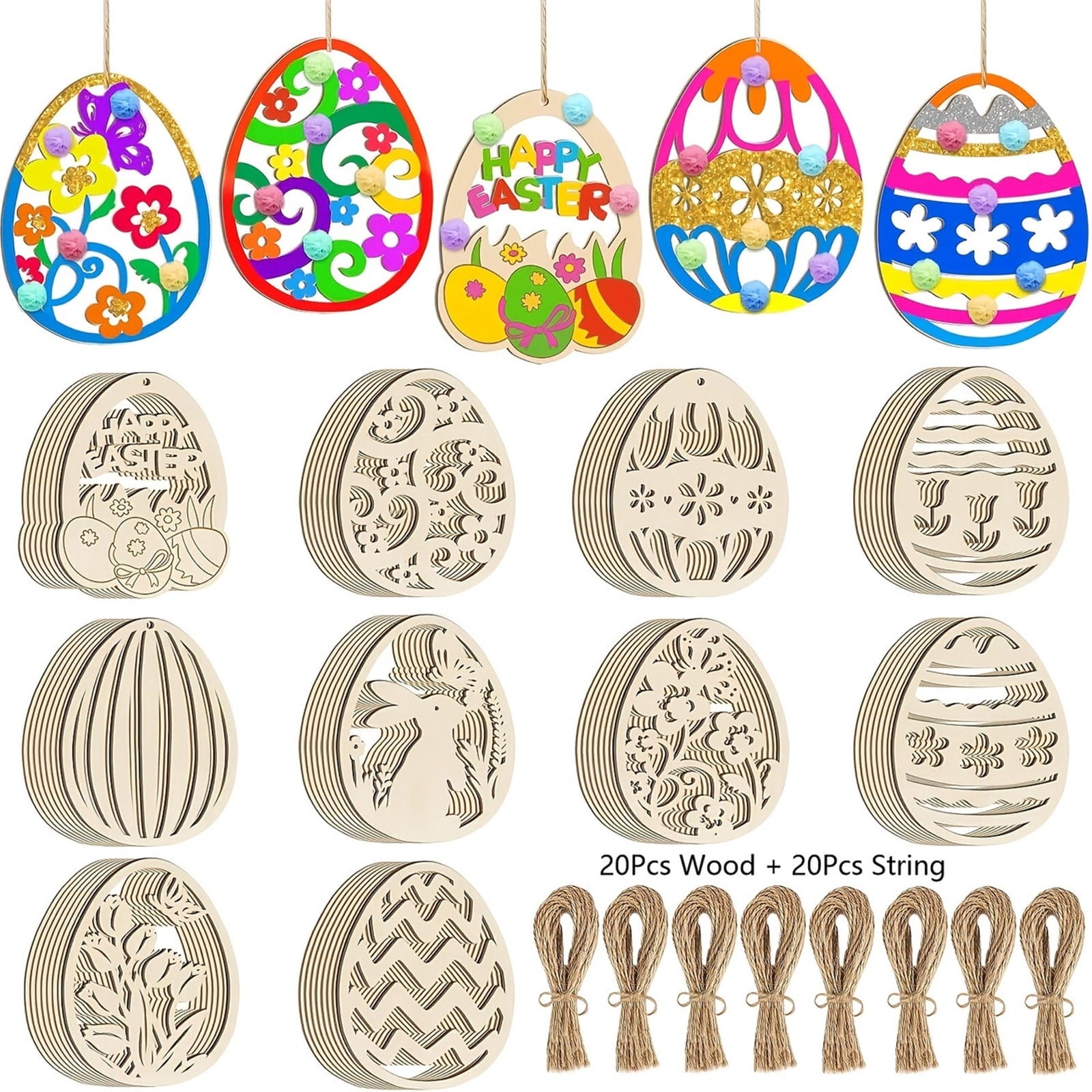 Darzheoy 20 Sets Wooden Easter Ornaments Decorations DIY Easter Craft Kits Assorted Paintable Unfinished Wood Easter Egg Ornaments for Kids Classroom Home Activity Art D