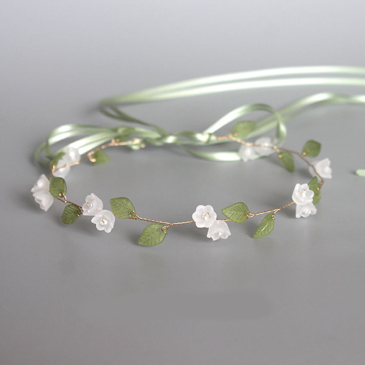 HOOWIFFY Lily of The Valley Floral Headband Golden Ribbon Design for Brides and Teens