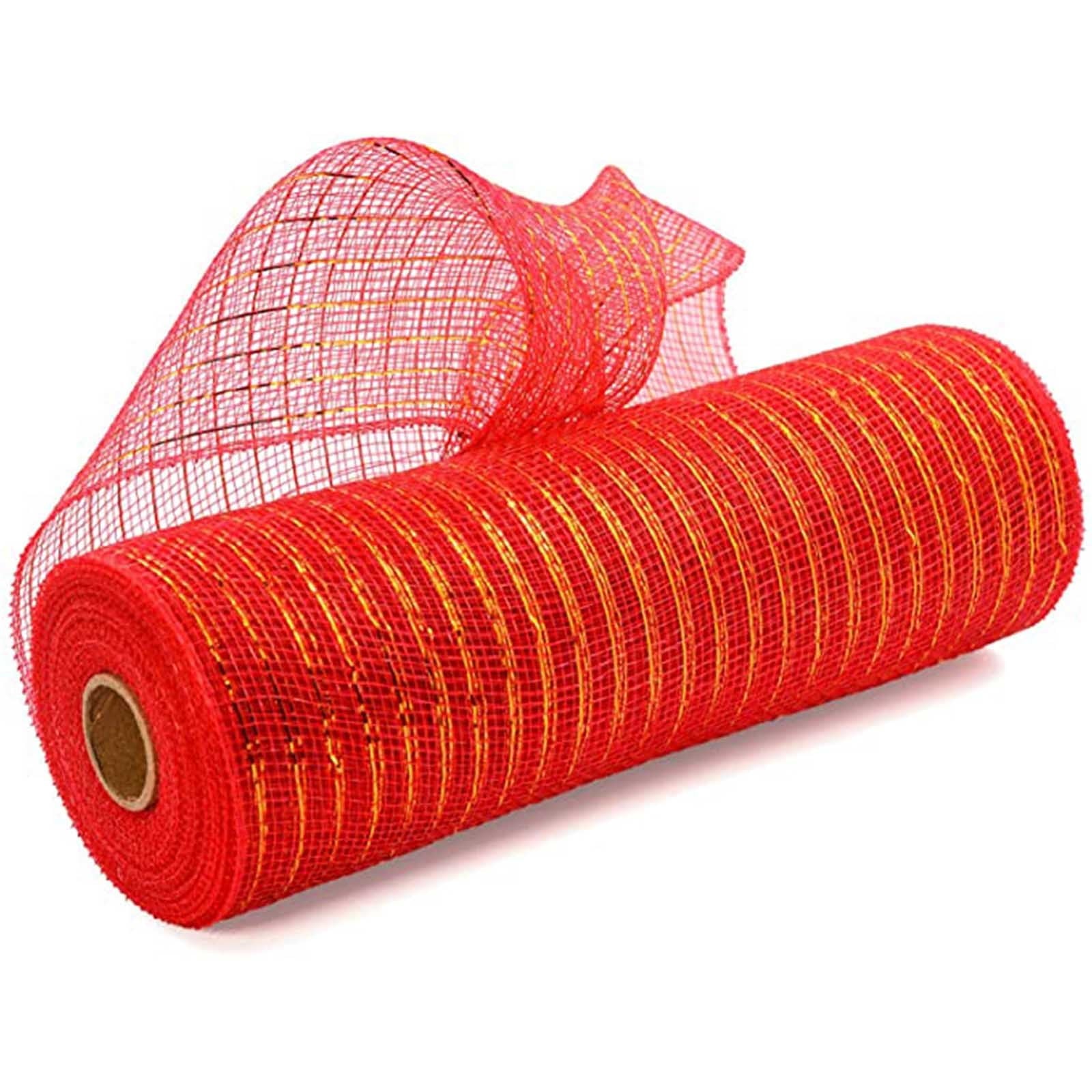Darzheoy 10 Inch x 30 Feet Deco Poly Mesh Ribbon, Metallic Foil Poly Mesh Ribbon, for Wreaths, Swags, Craft, Wedding, Party and Decorating Supplies Red