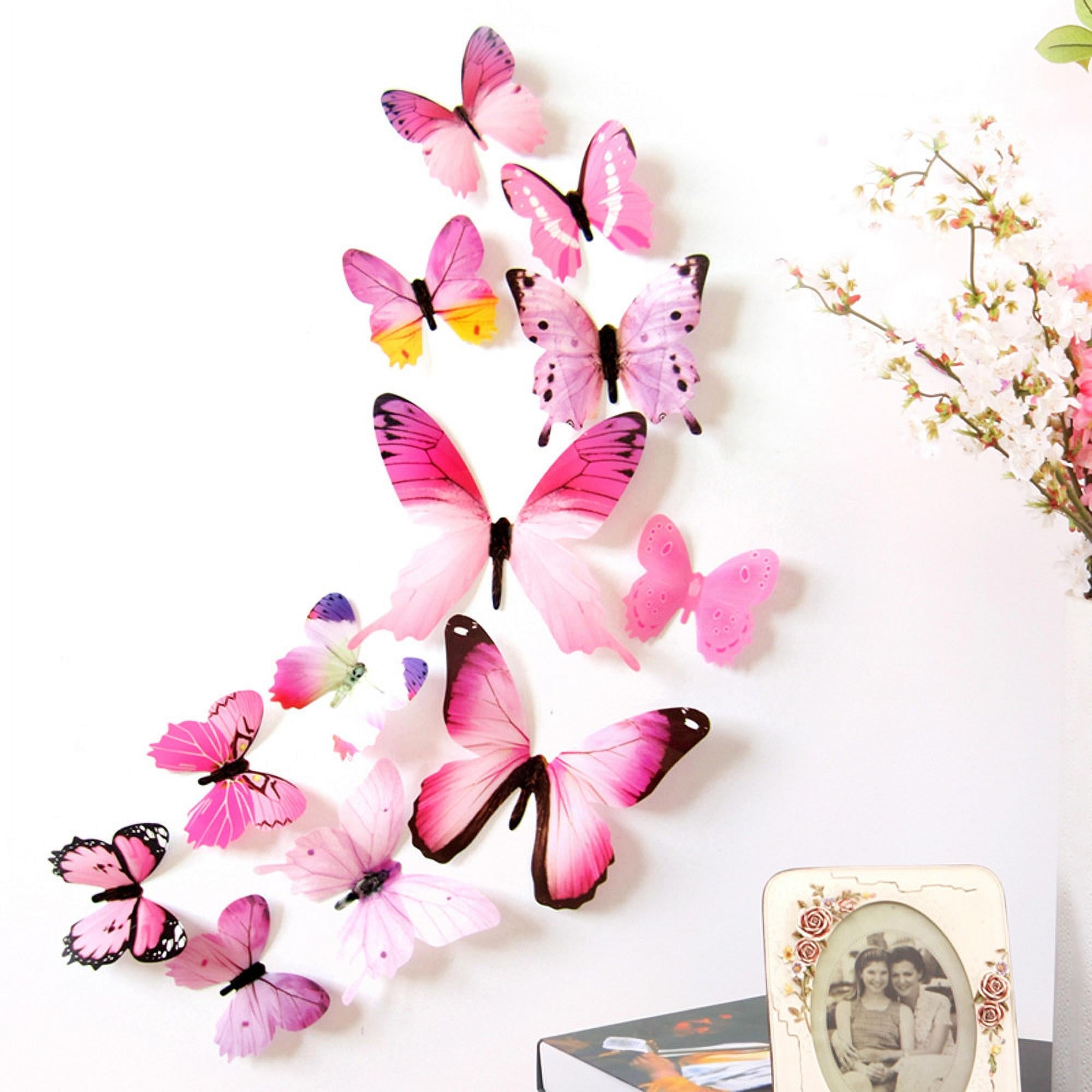 Darzheoy 12Pcs Butterfly Wall Decals, 3D Butterfly Wall Stickers Removable DIY Home Decorations Art Decor Wall Stickers Murals for Kids Bedroom Living Room Classroom Office Pink