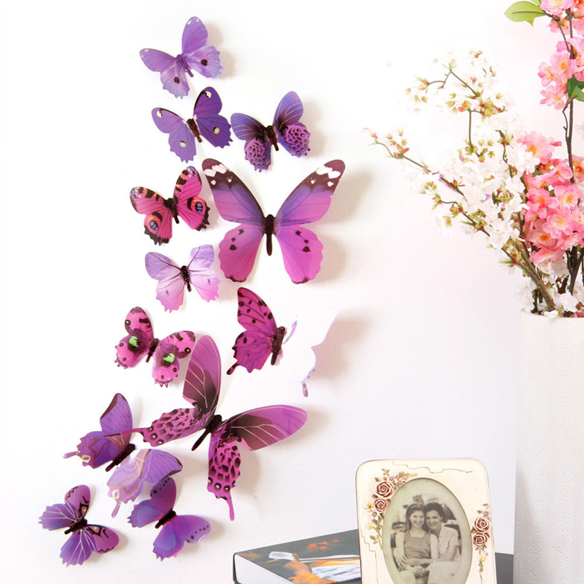 Darzheoy 12Pcs Butterfly Wall Decals, 3D Butterfly Wall Stickers Removable DIY Home Decorations Art Decor Wall Stickers Murals for Kids Bedroom Living Room Classroom Office Purple