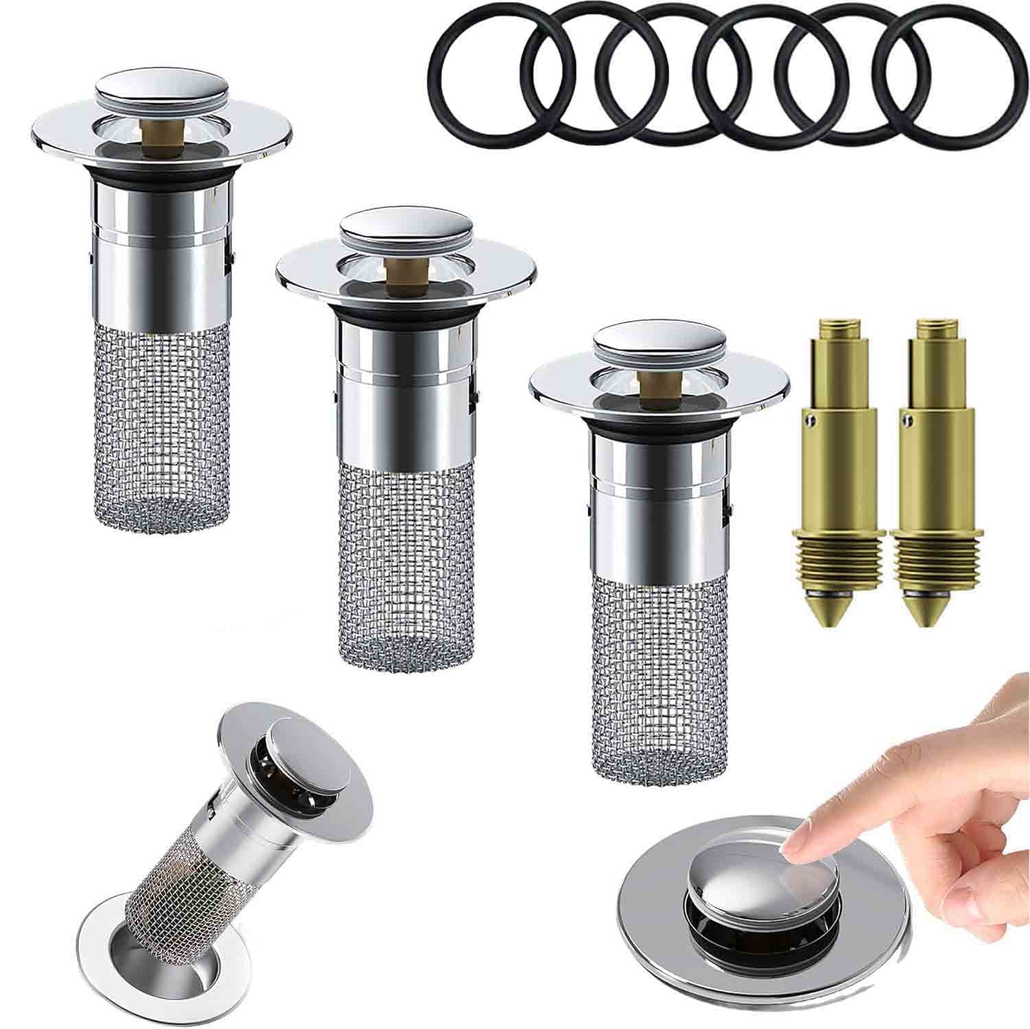 Chmadoxn Universal Bathroom Sink Stopper, Basin Sink Drain Strainer, Bathroom Sink Plug with Stainless Steel Hair Catcher on 3 pc Silver