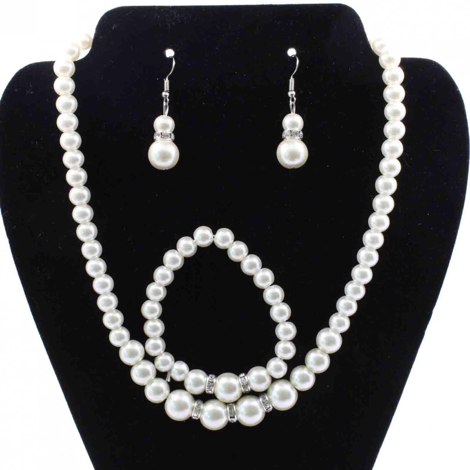 Bouanq Pearl Necklace and Earring Set Simulated Shell Pearls Round White Silver Pearl Stud Earrings Bracelets Wedding Jewelry Sets for Bride Bridesmaid Women Necklaces for Women Multicolor