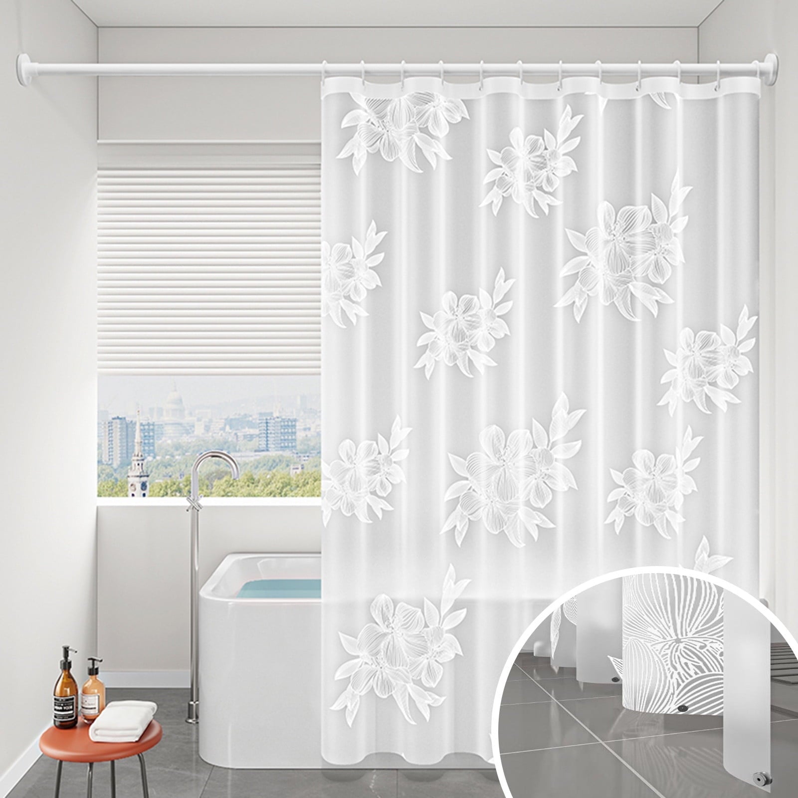 AYktou EVA Bathroom Shower Curtain Frosted Floral Waterproof Shower Curtain Line Lightweight Plastic Bathroom Shower Curtain with Weighted Magnets for Shower Stall Bathtubs 12 Hooks M C