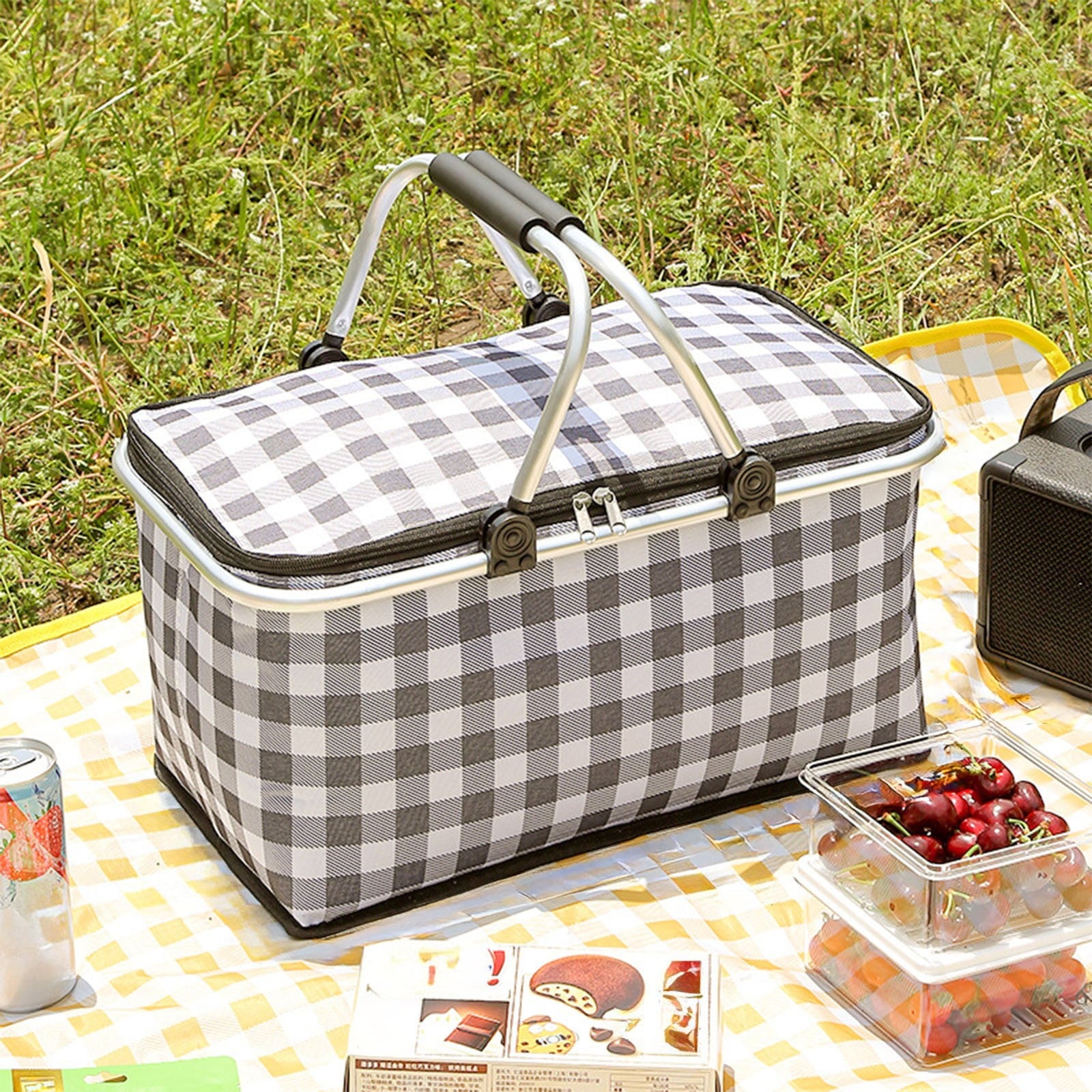 Kdkad Picnic Basket, Collapsible Shopping Basket with Lid Large Market Basket with Handles Reusable Folding Grocery Basket Insulated Cooler Bag for Picnic Travel 47x27x22cm/18.5x10.62x8.66in Black