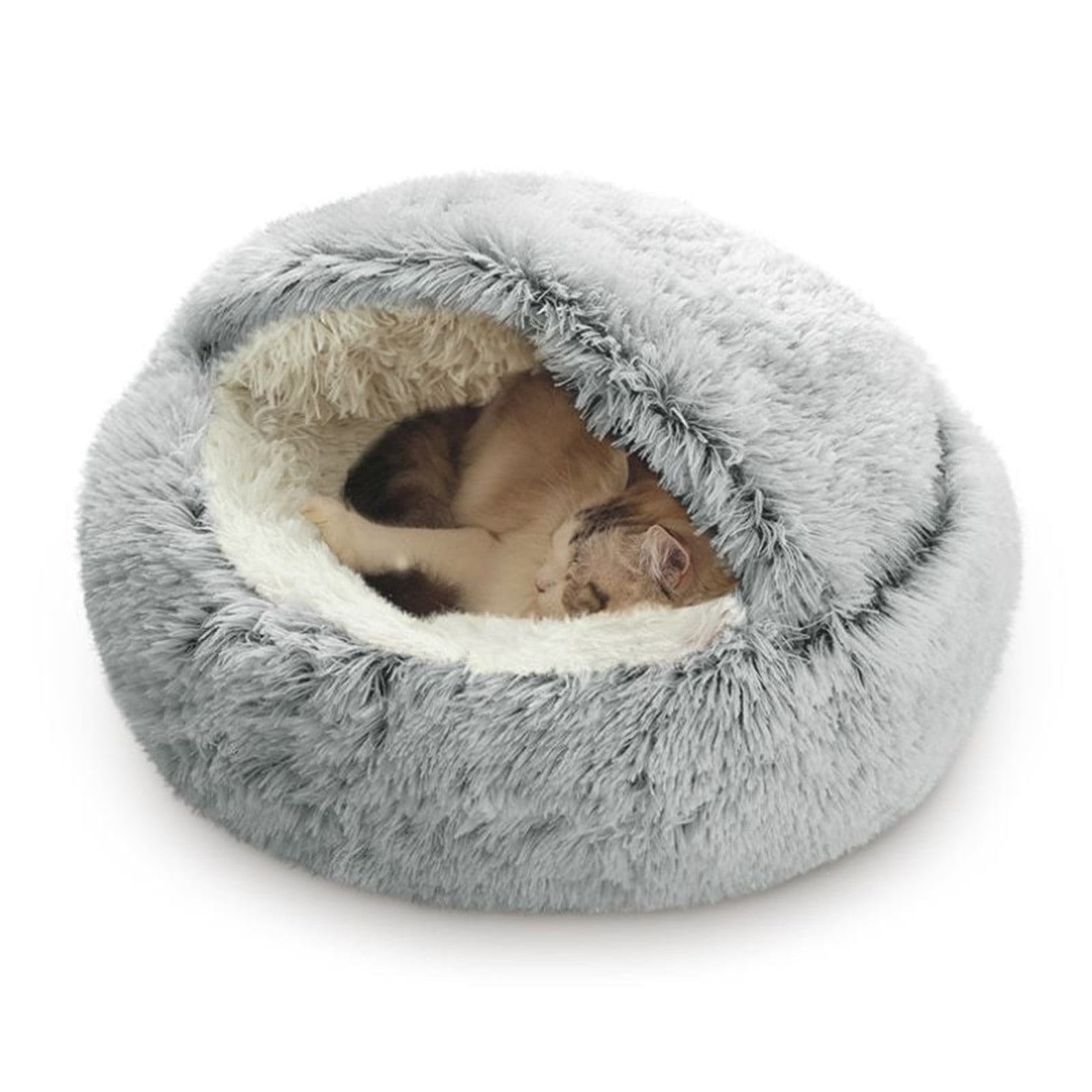 Darzheoy Cat Bed Round Plush Hooded Cat Bed Cave, for Indoor Cats or Small Dog Beds, Calming Pet Beds Calm Anti-nxiety Dog Bed, Waterproof Bottom Washable (16"x16") Gray
