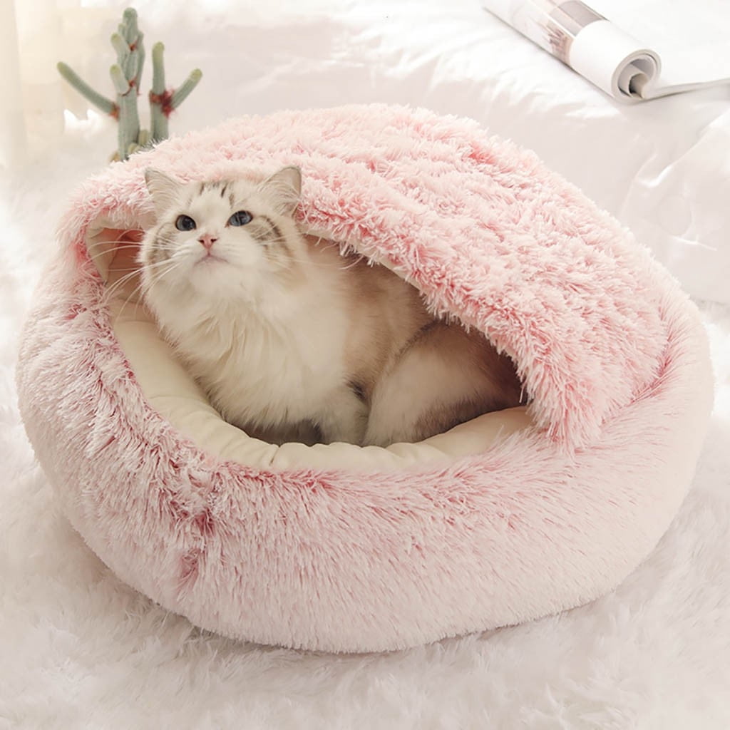 Darzheoy Cat Bed Round Plush Hooded Cat Bed Cave, for Indoor Cats or Small Dog Beds, Calming Pet Beds Calm Anti-nxiety Dog Bed, Waterproof Bottom Washable (16"x16") Pink