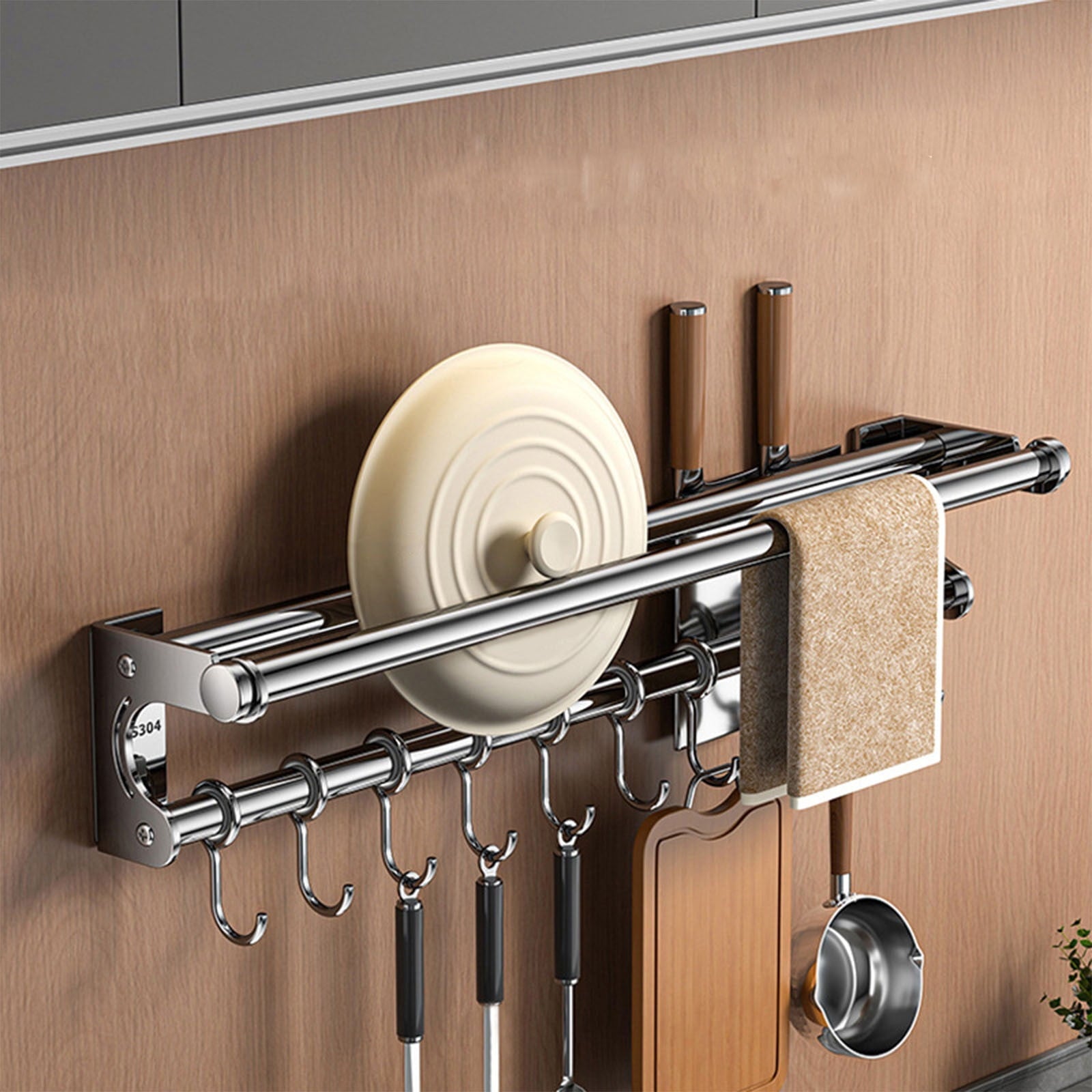 Kdkad Kitchen Organization and Storage Rack, Wall Mounted Pots and Pans Rack, Stainless Steel Metal Wall Shelf with Hooks for Hanging Pots and Pans for Kitchen Bathroom Bedroom Pantry 40 * 9 * 9cm/15.75 * 3.54 * 3.54inch S_ilver