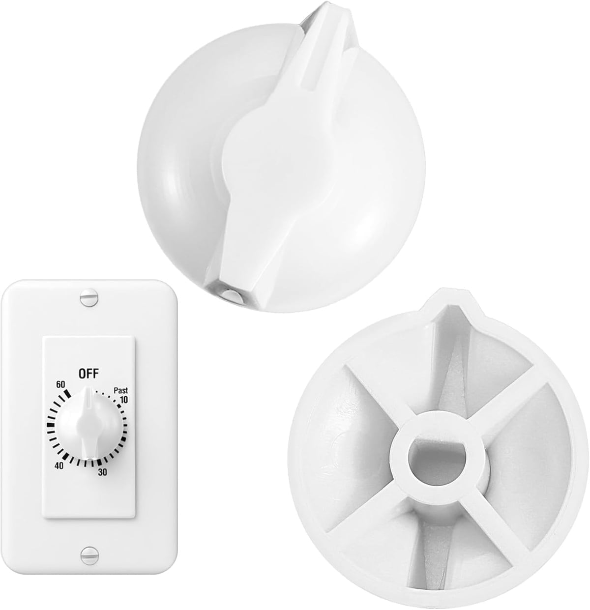 Tutuviw 2 Pack Timer Switch Knob Replacement Timer Switch Knob Compatible Spring Wound Timers D-Type Timer Knob for Wall Bathroom Fan Motor Heater Light (White)