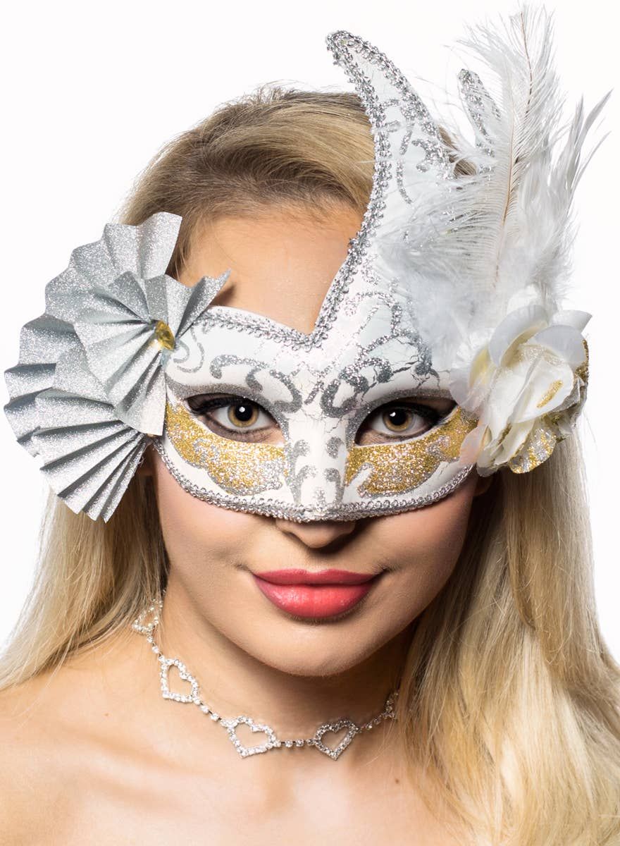 Elaborate Silver and Gold Fan Masquerade Mask