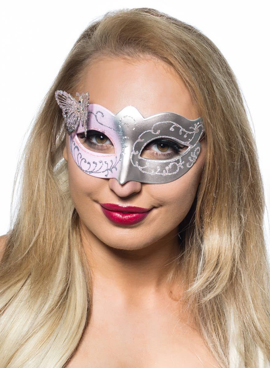 Butterfly Venetian Masquerade Mask in Pale Pink and Silver