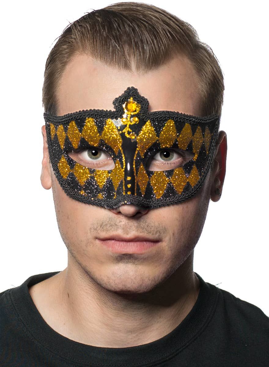 Harlequin Black and Gold Glitter Venetian Masquerade Mask