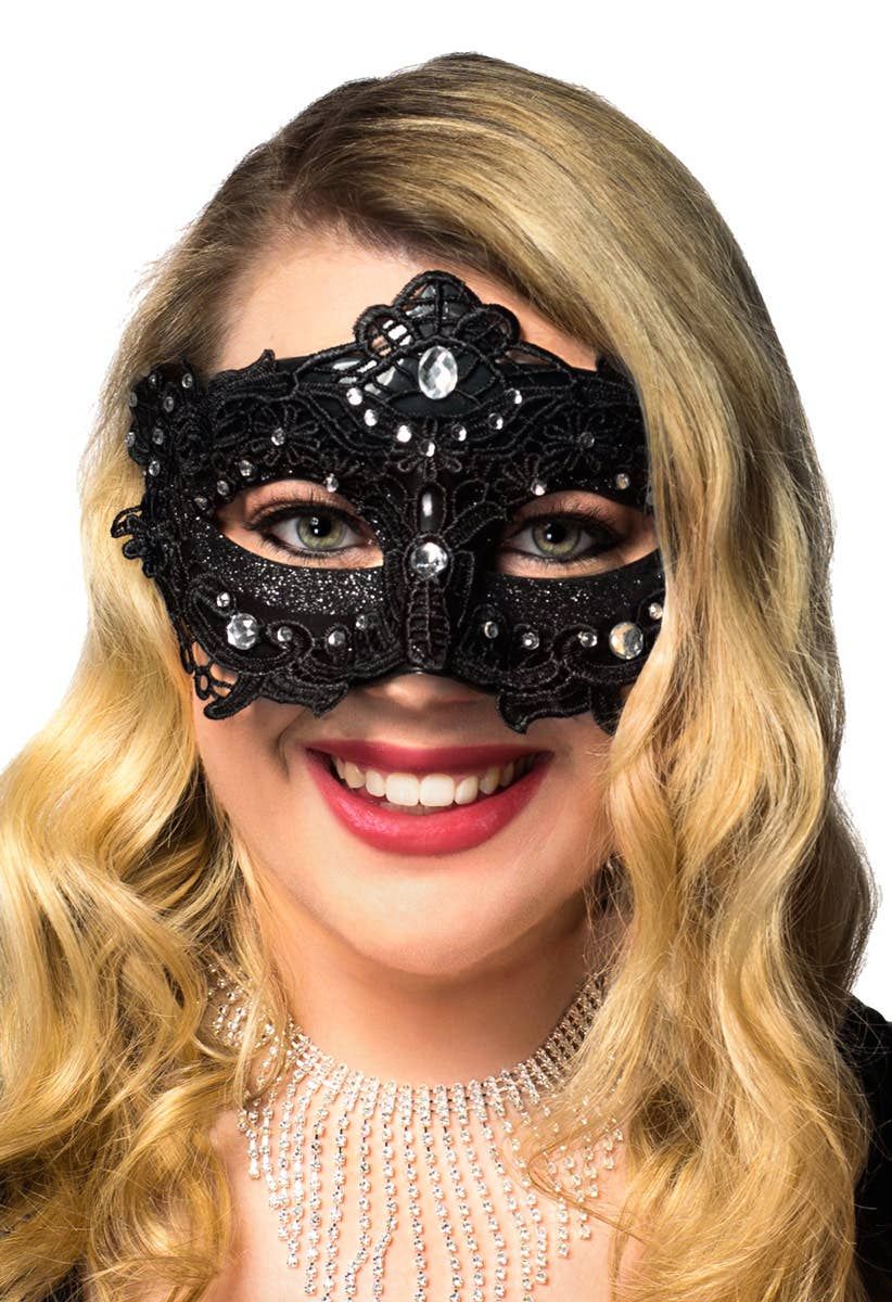 Glitter and Floral Lace Overlay Black Masquerade Mask