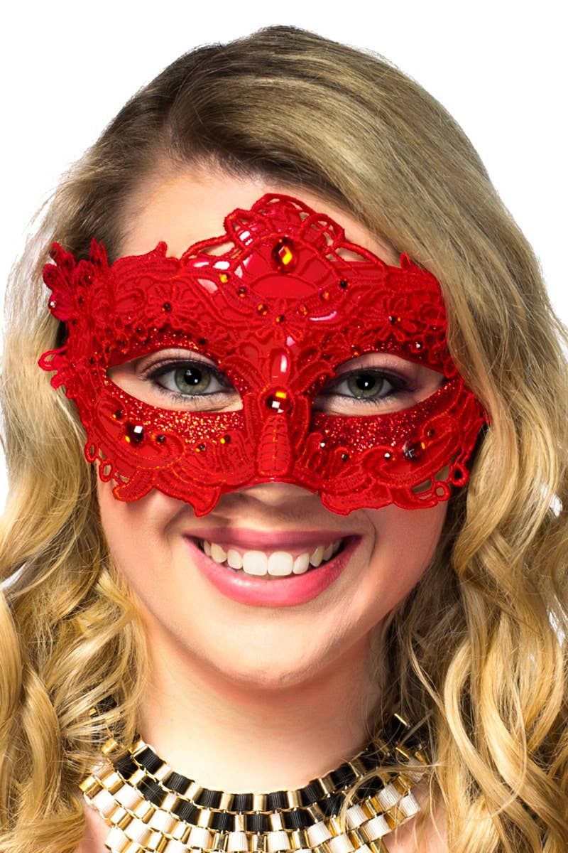 Glitter and Floral Lace Overlay Red Masquerade Mask