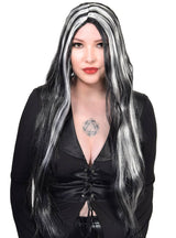 Streaked Black and White Womens Halloween Costume Wig