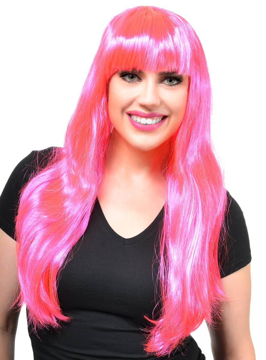 Long Hot Pink Womens Costume Wig with Fringe