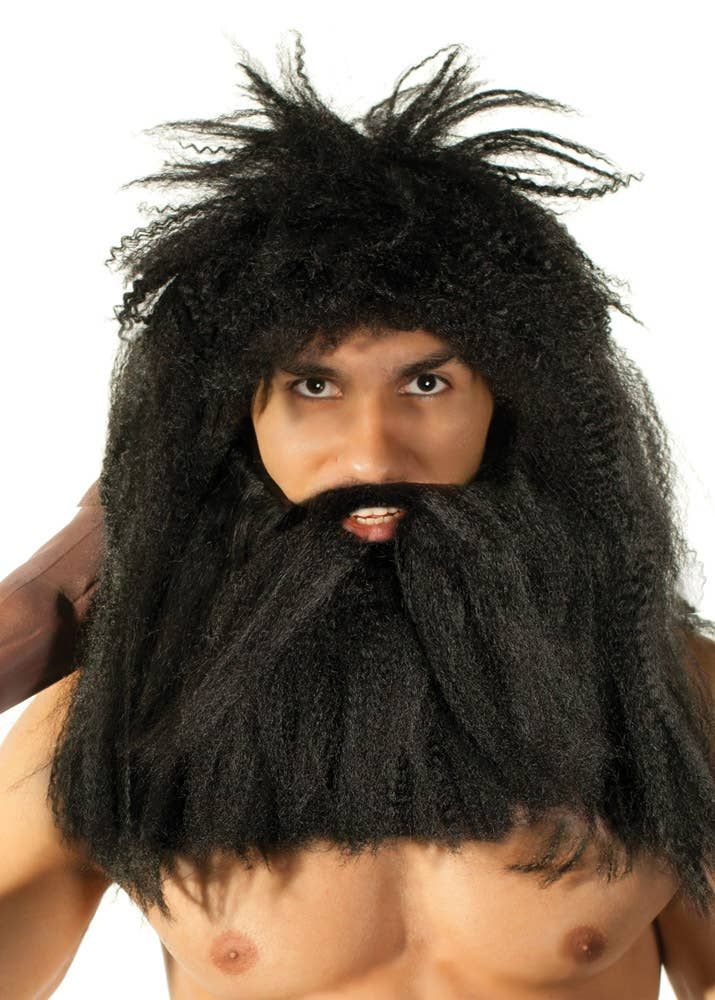 Prehistoric Caveman Mens Black Wig and Beard Set