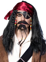 Caribbean Pirate Mens Long Black Wig and Head Scarf