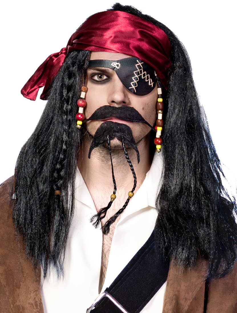 Caribbean Pirate Mens Long Black Wig and Head Scarf
