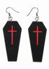 Black Leather Coffins with Red Cross Halloween Earrings