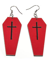 Red Leather Coffins with Black Cross Halloween Earrings