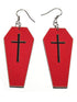 Red Leather Coffins with Black Cross Halloween Earrings