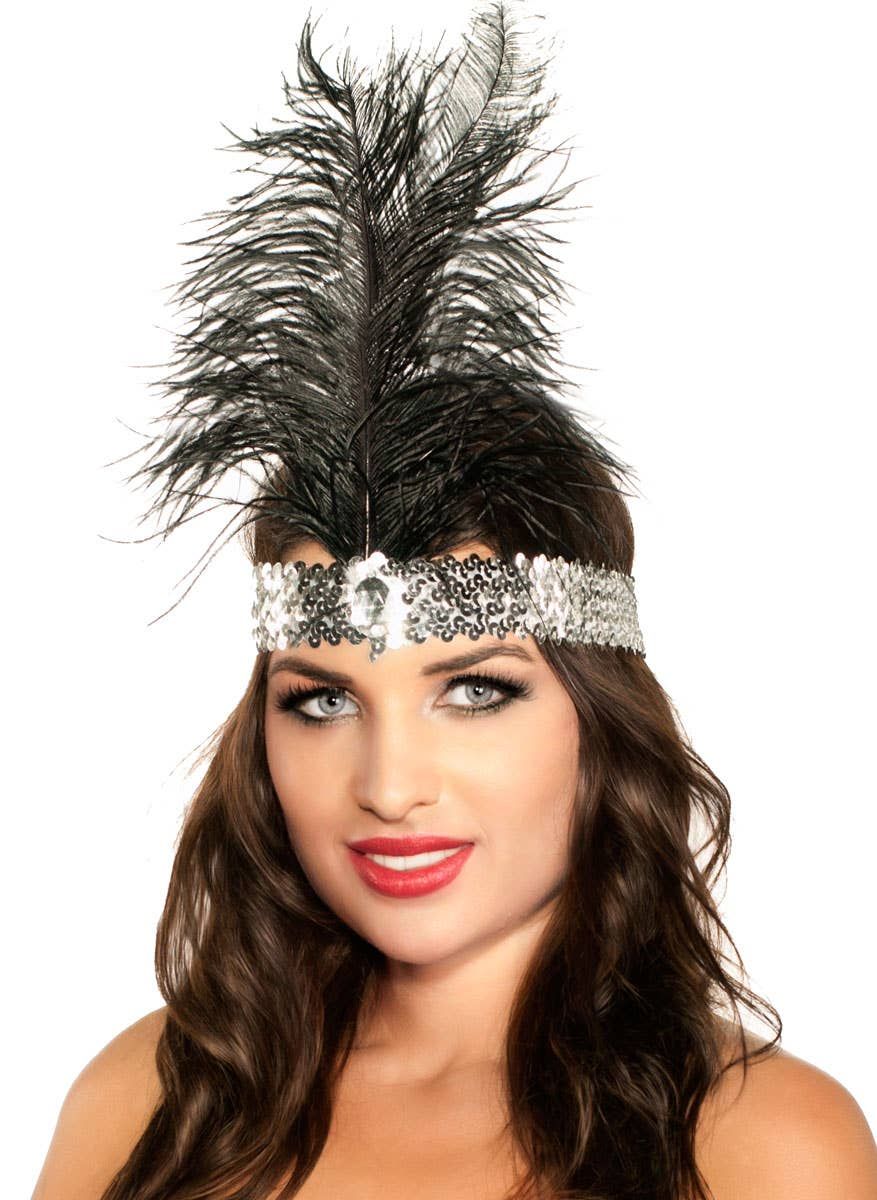 1920s Silver Sequin Flapper Headband with Black Feather
