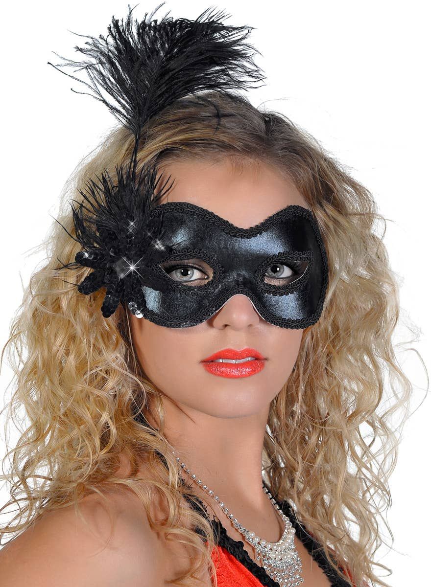 Side Feather Black Vinyl Masquerade Mask