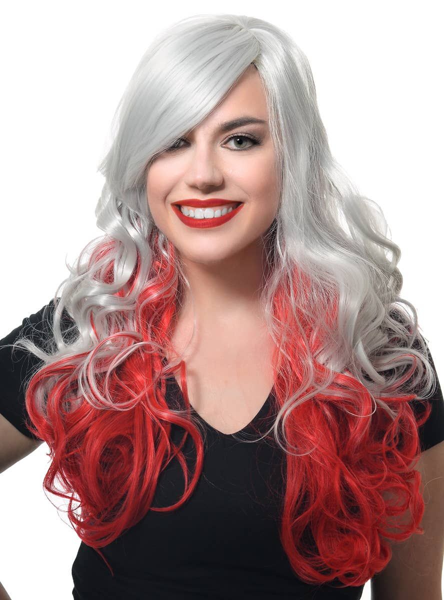 Deluxe Long Curly Grey and Red Womens Costume Wig