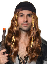 Long Brown Mens Pirate Costume Wig with Bandana