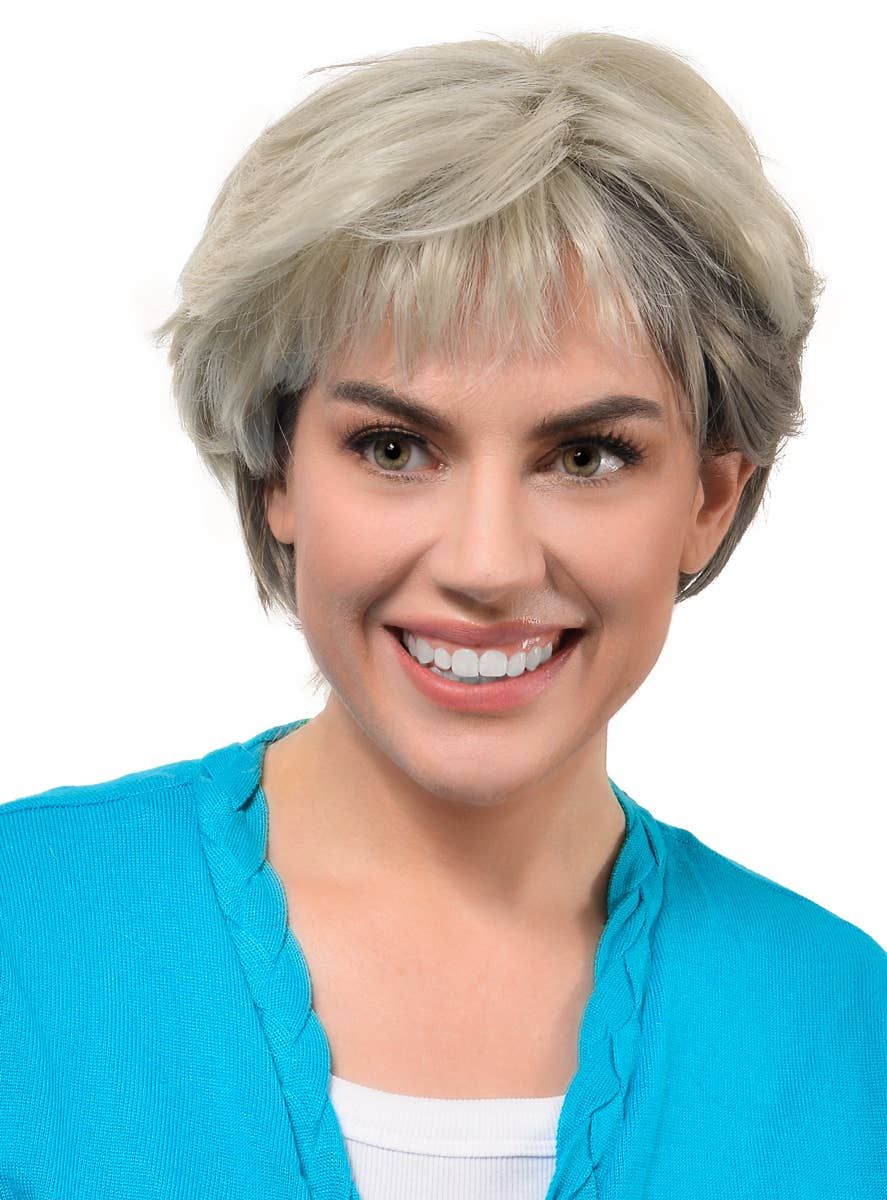 Deluxe Short Ash Blonde and Grey Blend Womens Costume Wig