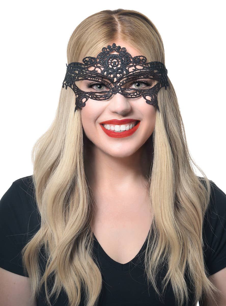 Luxe Black Lace Tie On Womens Masquerade Mask