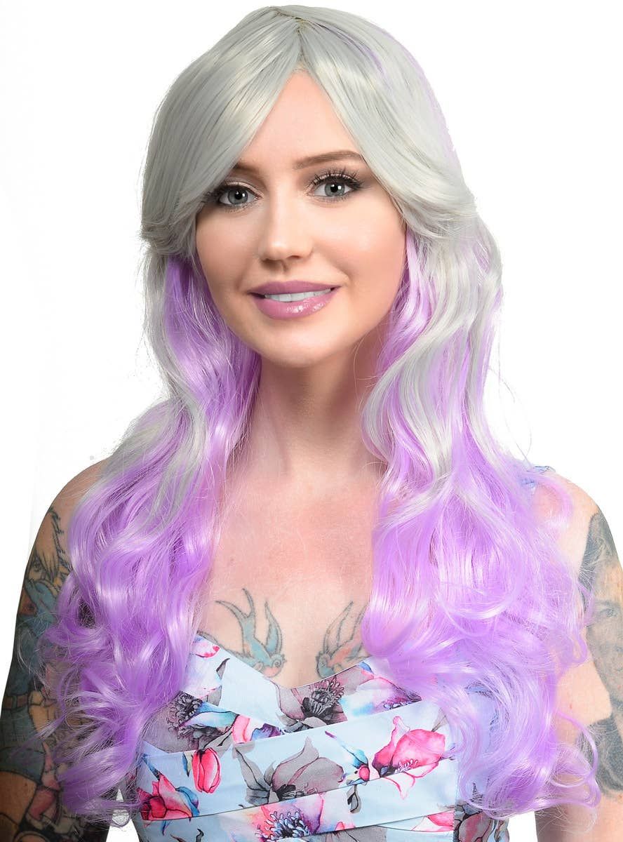 Ainsley Silver and Purple Long Wavy Womens Costume Wig