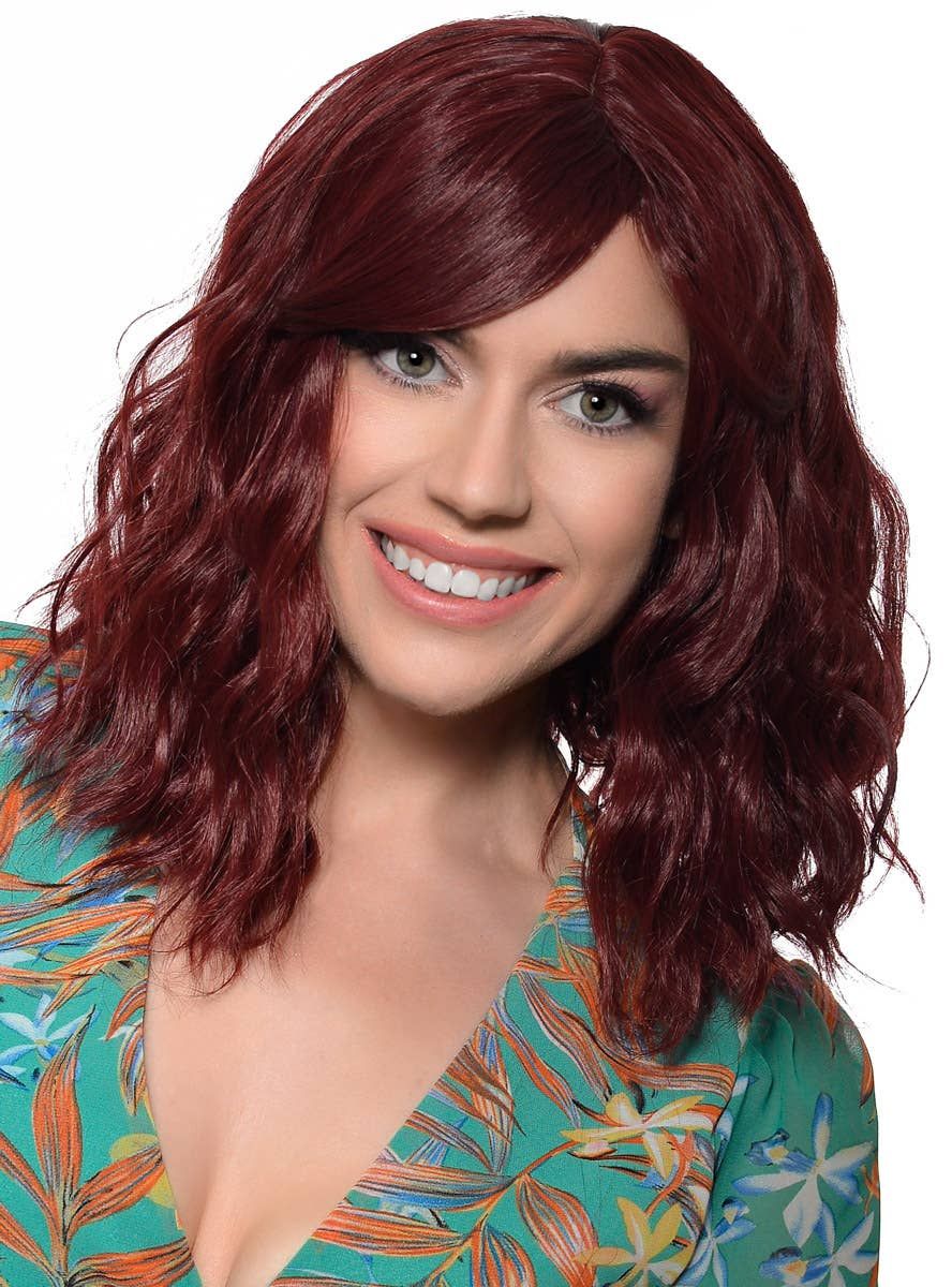 Deluxe Wavy Mid-Length Burgundy Fashion Wig with Skin Top