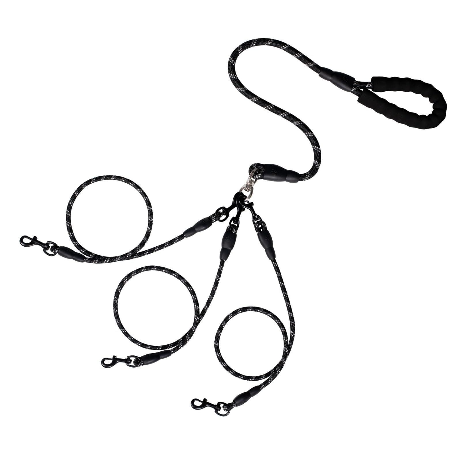 No Tangle 3 Dog  - Main Lead Rope with Padded Handle, Three Detachable Leash Splitters, Heavy-Duty Clip,  Walking, Running, Small, Medium, Large Dogs (Black)