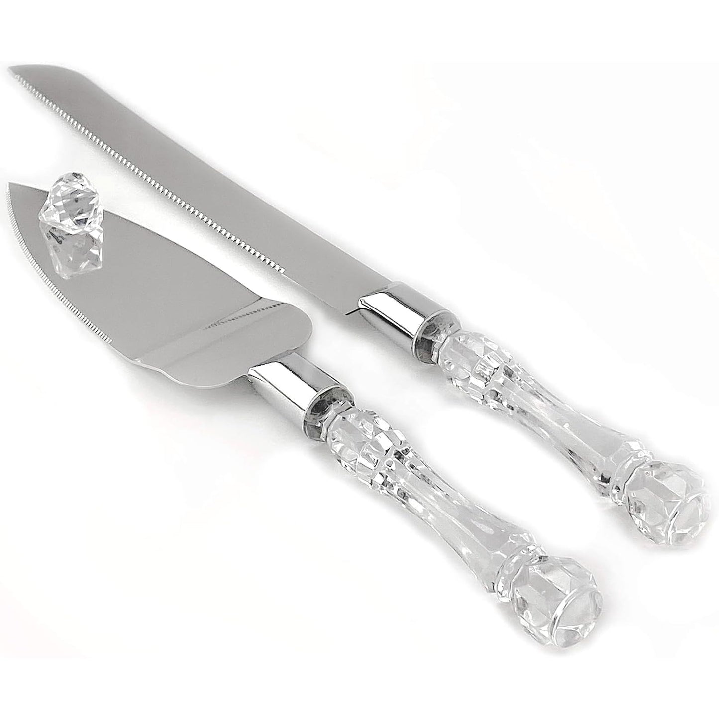 2 set Elegant Cake Knife and Server Set Stainless Steel with Crystal Handle - Perfect for Weddings Anniversaries,and Special Celebrations (Sliver)（Two knives and shovels）